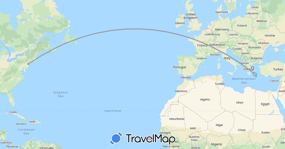 TravelMap itinerary: driving, plane, boat in Greece, United States (Europe, North America)